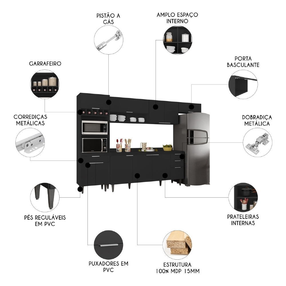 Armário de Cozinha Com Tampo CP04 310cm Pérola Preto Z34 - Mpozenato