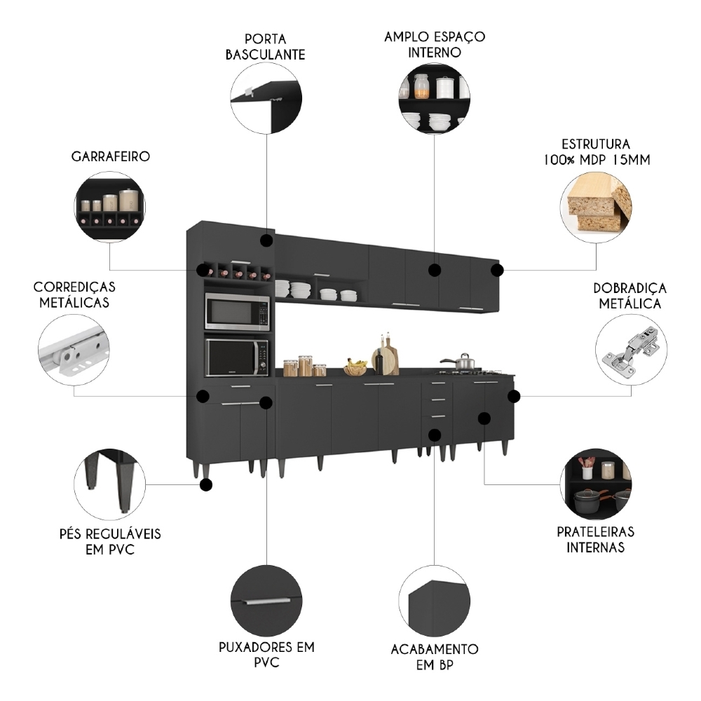 Armário de Cozinha Com Tampo CP05 320cm Pérola Preto Z34 - Mpozenato