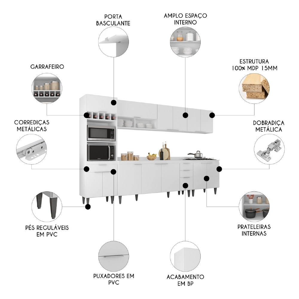 Armário de Cozinha Com Tampo CP05 320cm Pérola Branco Z34 - Mpozenato