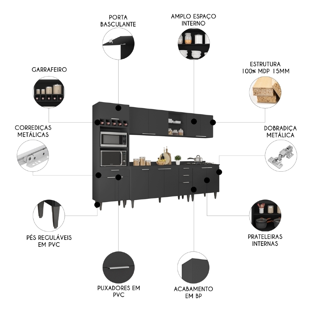 Armário de Cozinha Com Tampo CP05 290cm Pérola Preto Z34 - Mpozenato