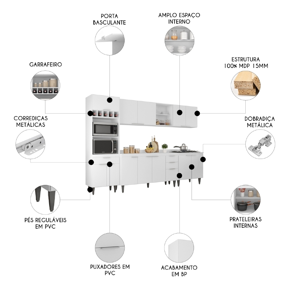 Armário de Cozinha Com Tampo CP05 290cm Pérola Branco Z34 - Mpozenato