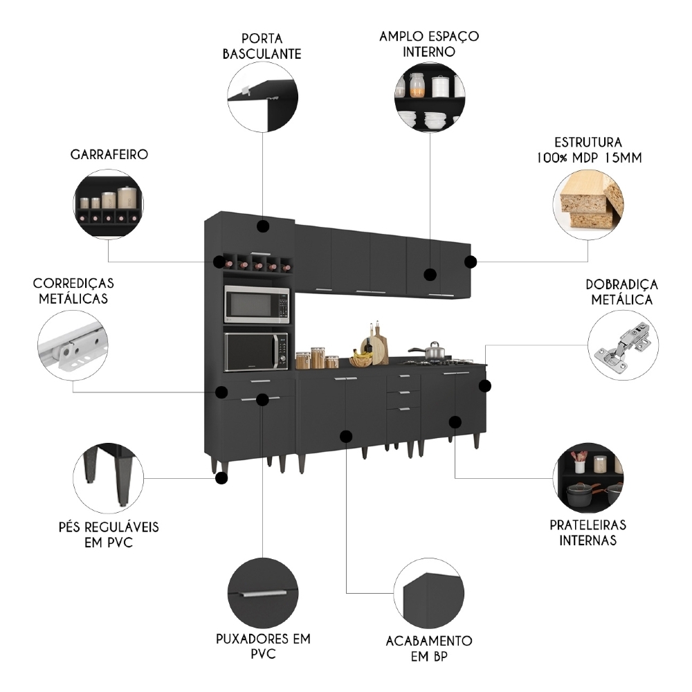 Armário de Cozinha Com Tampo CP05 260cm Pérola Preto Z34 - Mpozenato