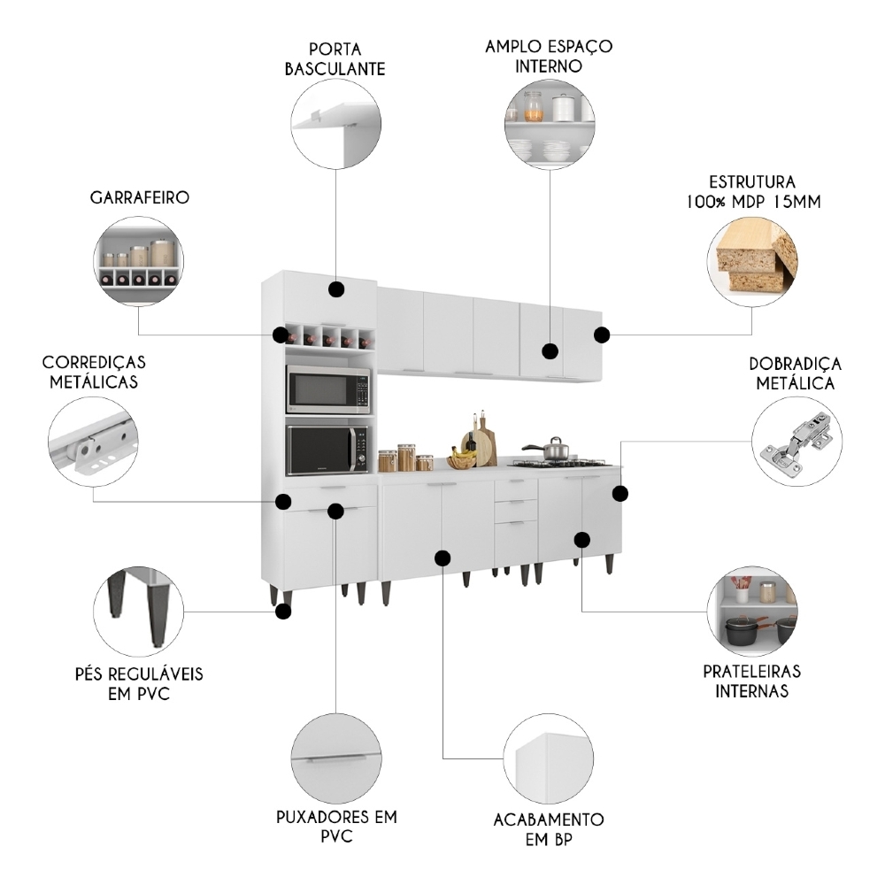 Armário de Cozinha Com Tampo CP05 260cm Pérola Branco Z34 - Mpozenato