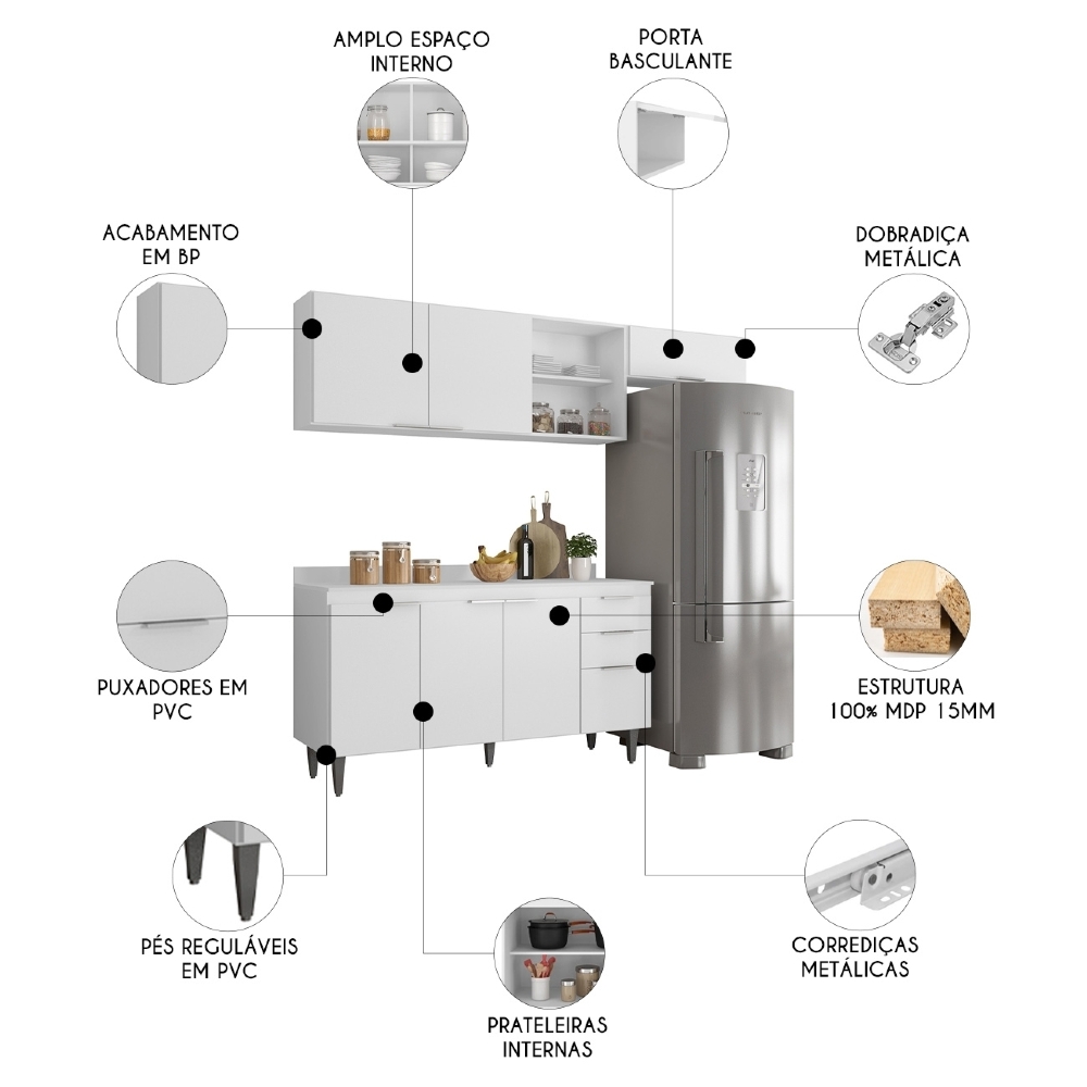 Armário de Cozinha Com Tampo CP03 220cm Pérola Branco Z34 - Mpozenato