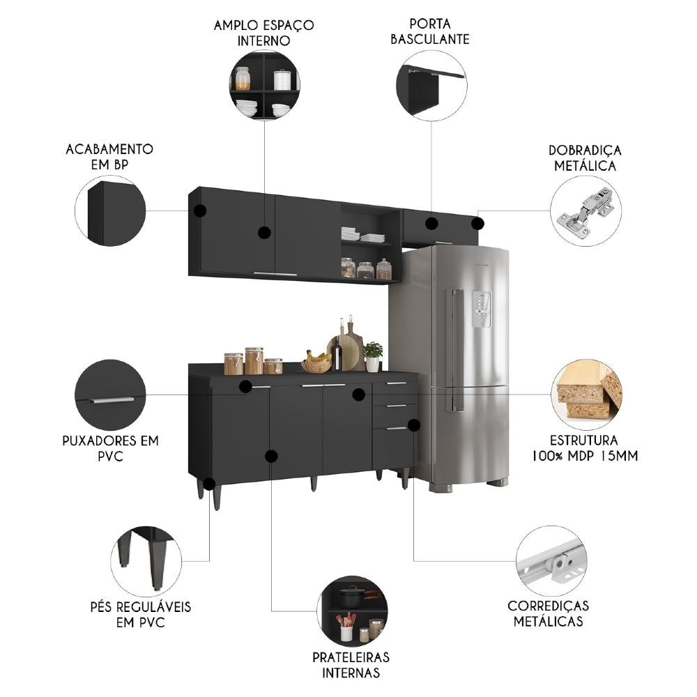 Armário de Cozinha Com Tampo CP03 220cm Pérola Preto Z34 - Mpozenato