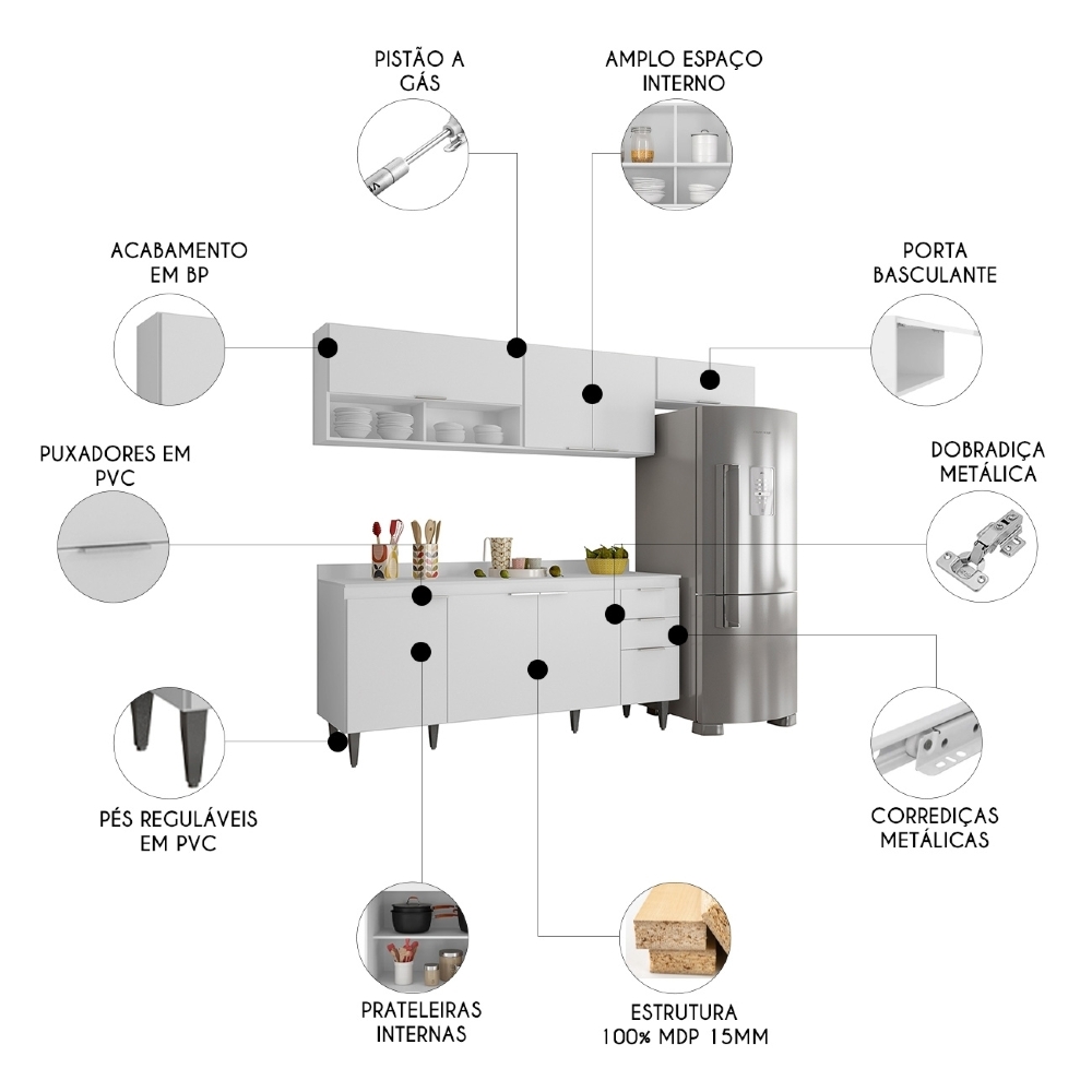 Armário de Cozinha Com Tampo CP03 250cm Pérola Branco Z34 - Mpozenato