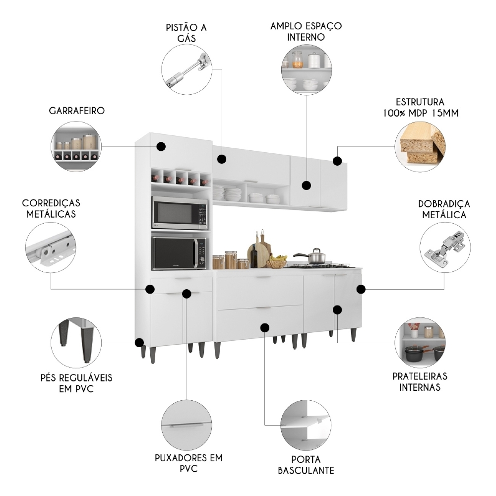 Armário de Cozinha Com Tampo CP05 240cm Pérola Branco Z34 - Mpozenato