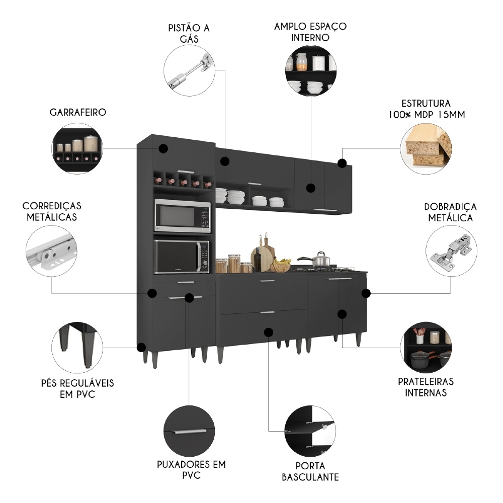 Armário de Cozinha Com Tampo CP05 240cm Pérola Preto Z34 - Mpozenato