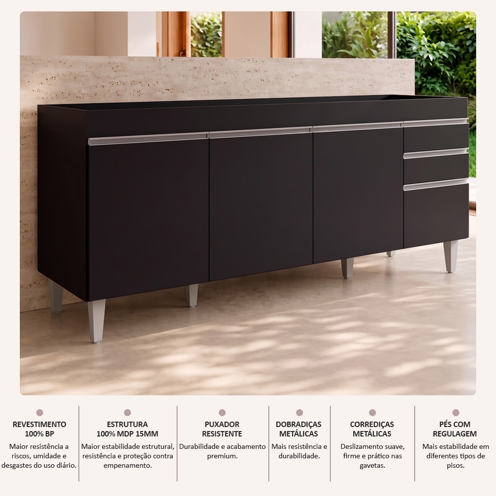 Balcão Gabinete Para Pia 180cm Sem Tampo Dallas Preto - Lumil