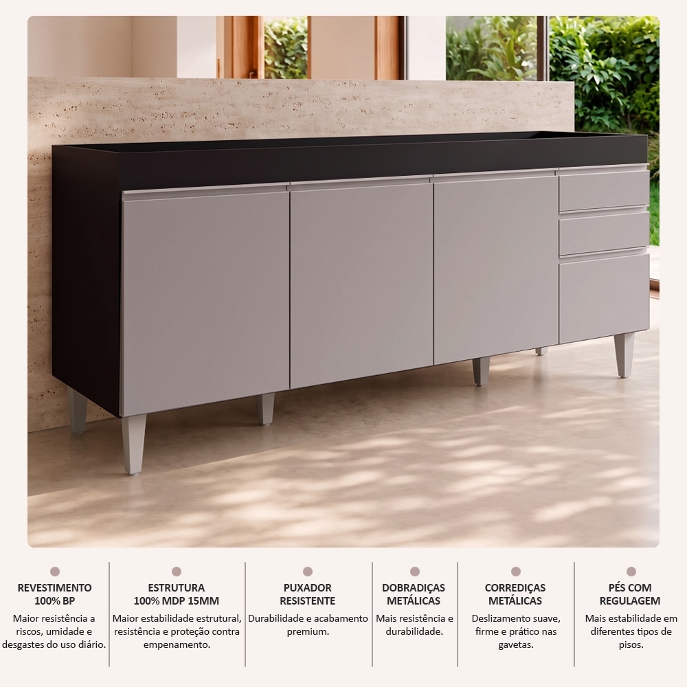 Balcão Gabinete Para Pia 180cm Sem Tampo Dallas Preto/Cinza - Lumil