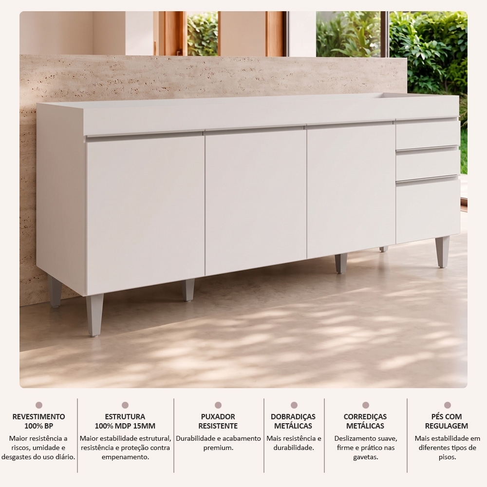 Balcão Gabinete Para Pia 180cm Sem Tampo Dallas Branco - Lumil