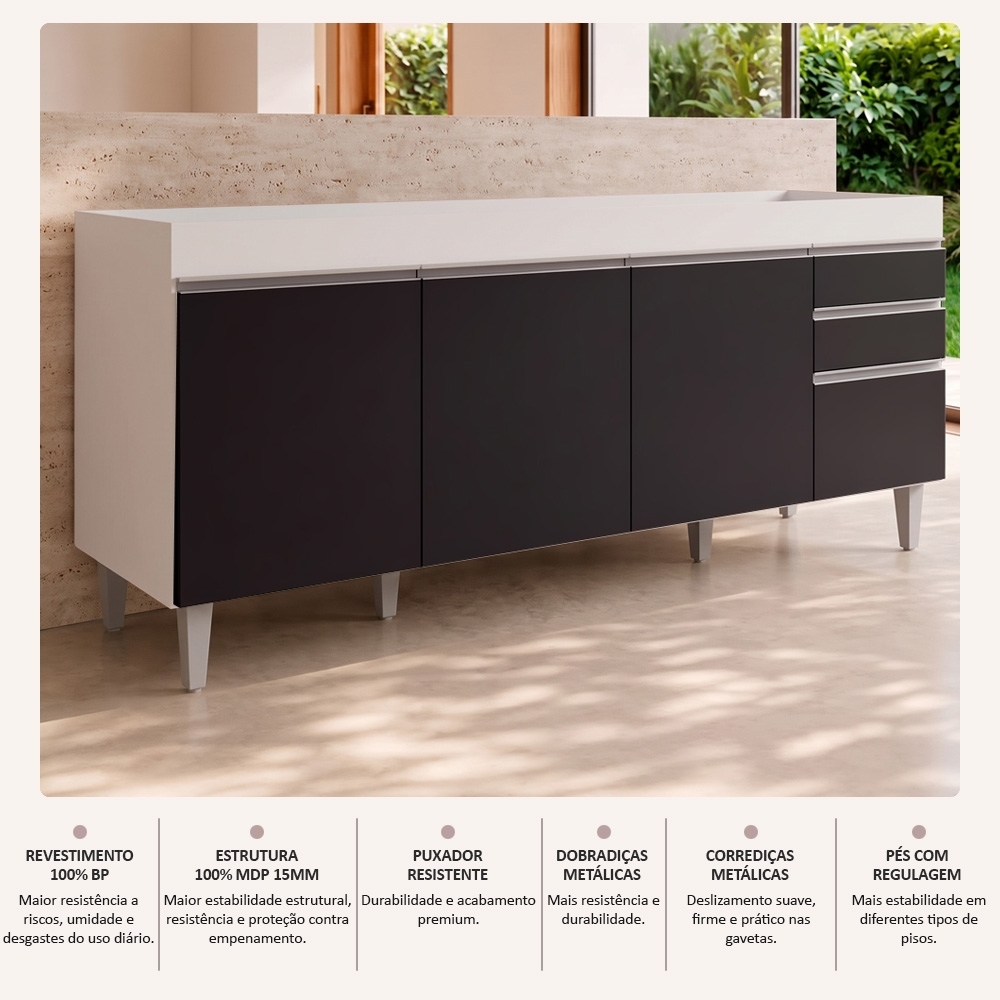 Balcão Gabinete Para Pia 180cm Sem Tampo Dallas Branco/Preto - Lumil