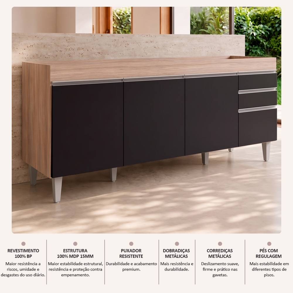Balcão Gabinete Para Pia 180cm Sem Tampo Dallas Castanho/Preto - Lumil