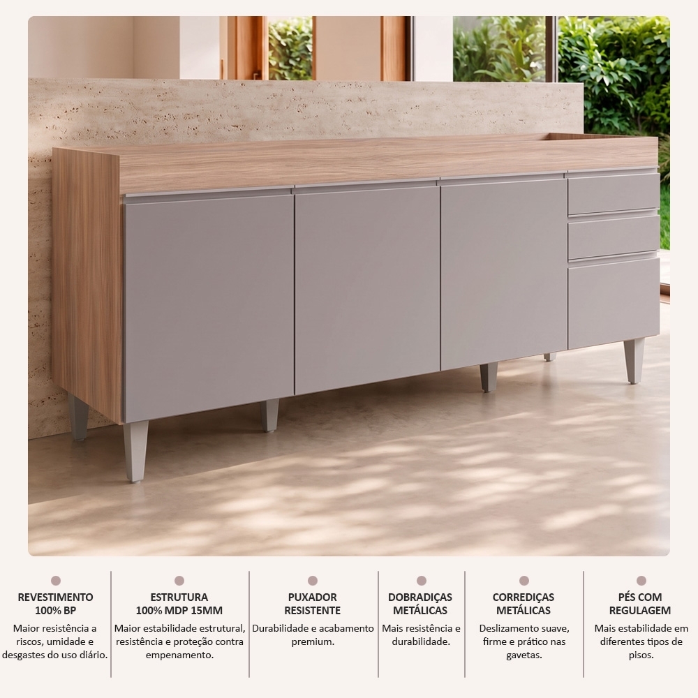 Balcão Gabinete Para Pia 180cm Sem Tampo Dallas Castanho/Cinza - Lumil