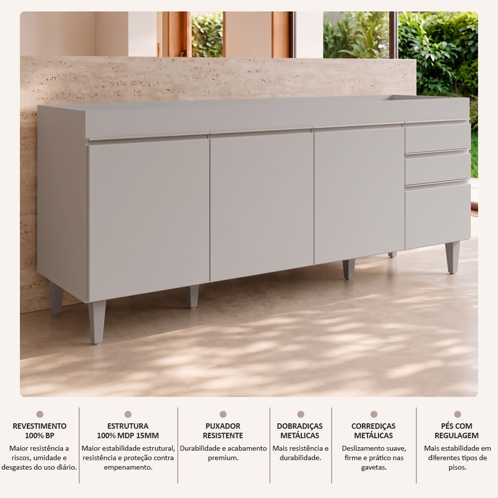 Balcão de Cozinha Para Pia 180cm 4 Portas Sem Tampo Dallas Cinza Claro - Lumil