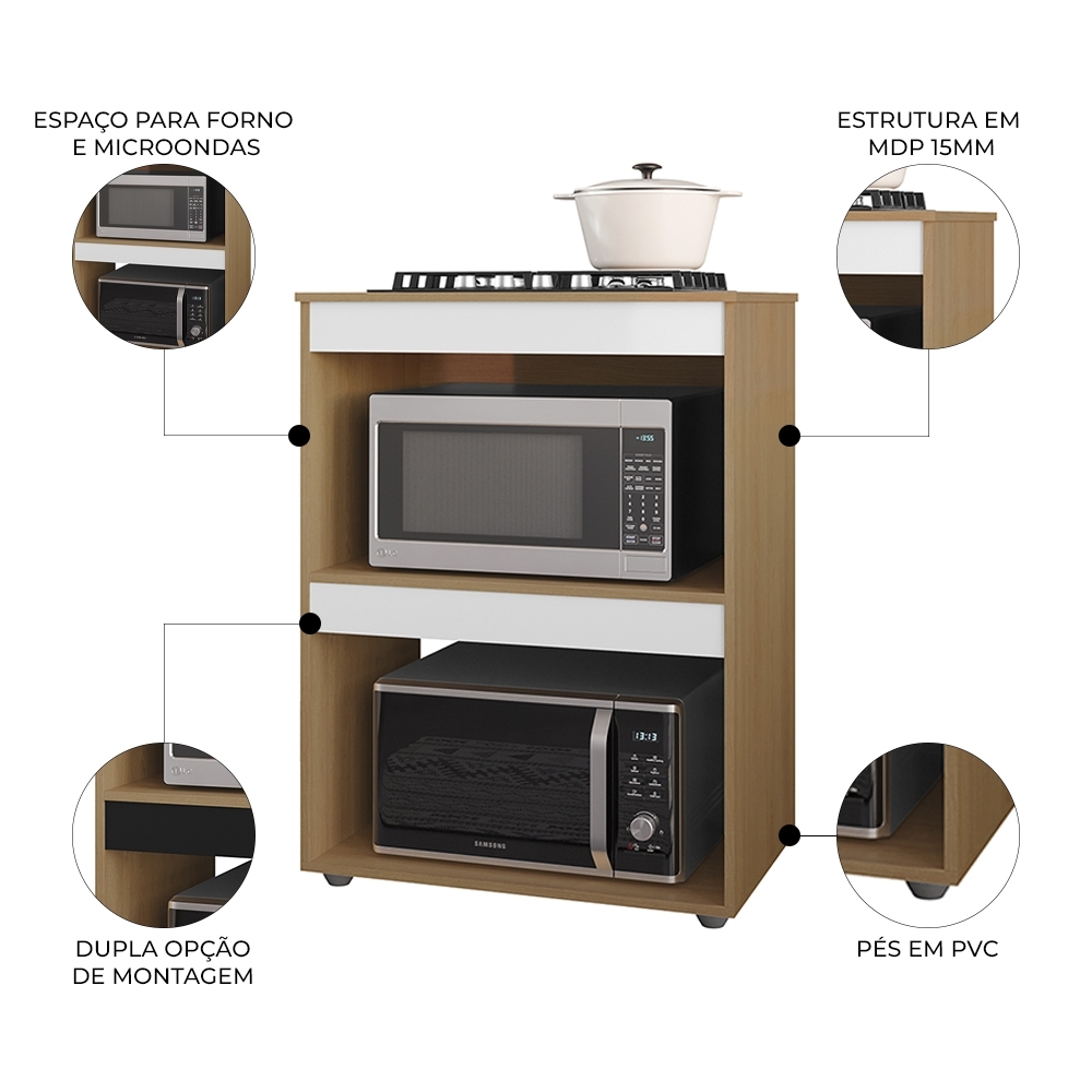 Balcão Para Cooktop e Forno Microondas 75cm Adriana Amêndoa/Branco - AJL Móveis
