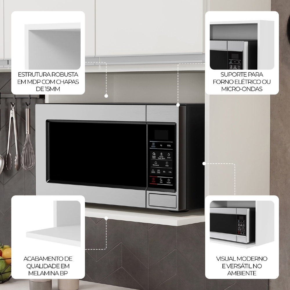 Suporte Microondas e Forno Elétrico Aéreo 60cm Itália Branco - Lumil