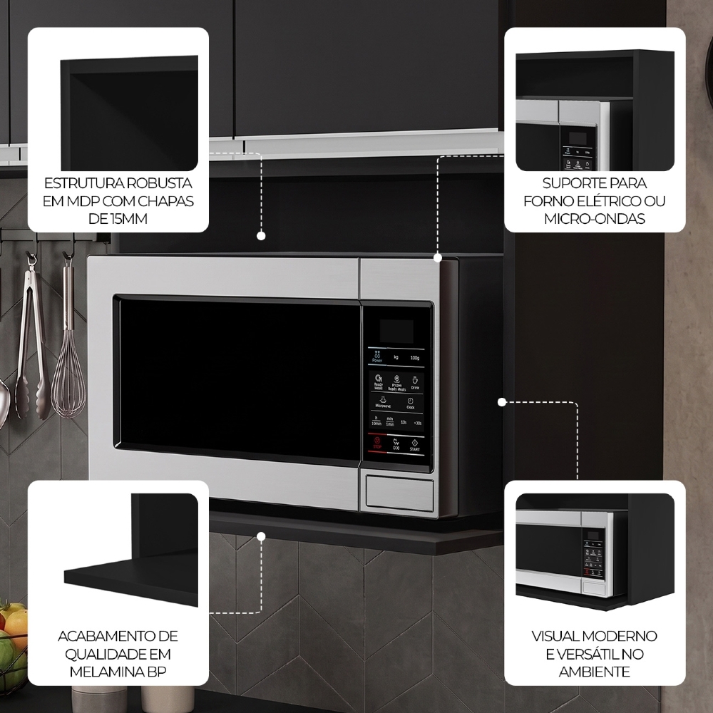 Suporte Microondas e Forno Elétrico Aéreo 60cm Itália Preto - Lumil