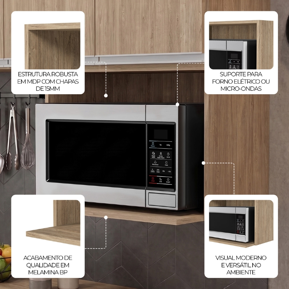 Suporte Microondas e Forno Elétrico Aéreo 60cm Itália Castanho - Lumil