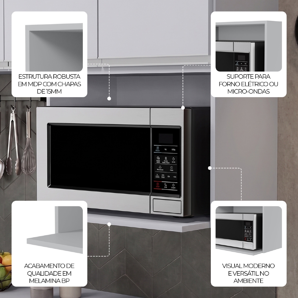 Suporte Microondas e Forno Elétrico Aéreo 60cm Itália Cinza Claro - Lumil