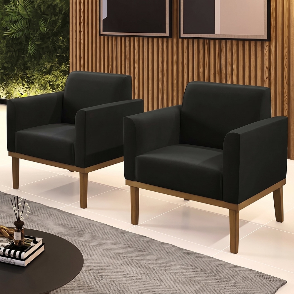 Poltrona Base Madeira Castanho Kit 2 Maressa Suede Preto - Ibiza