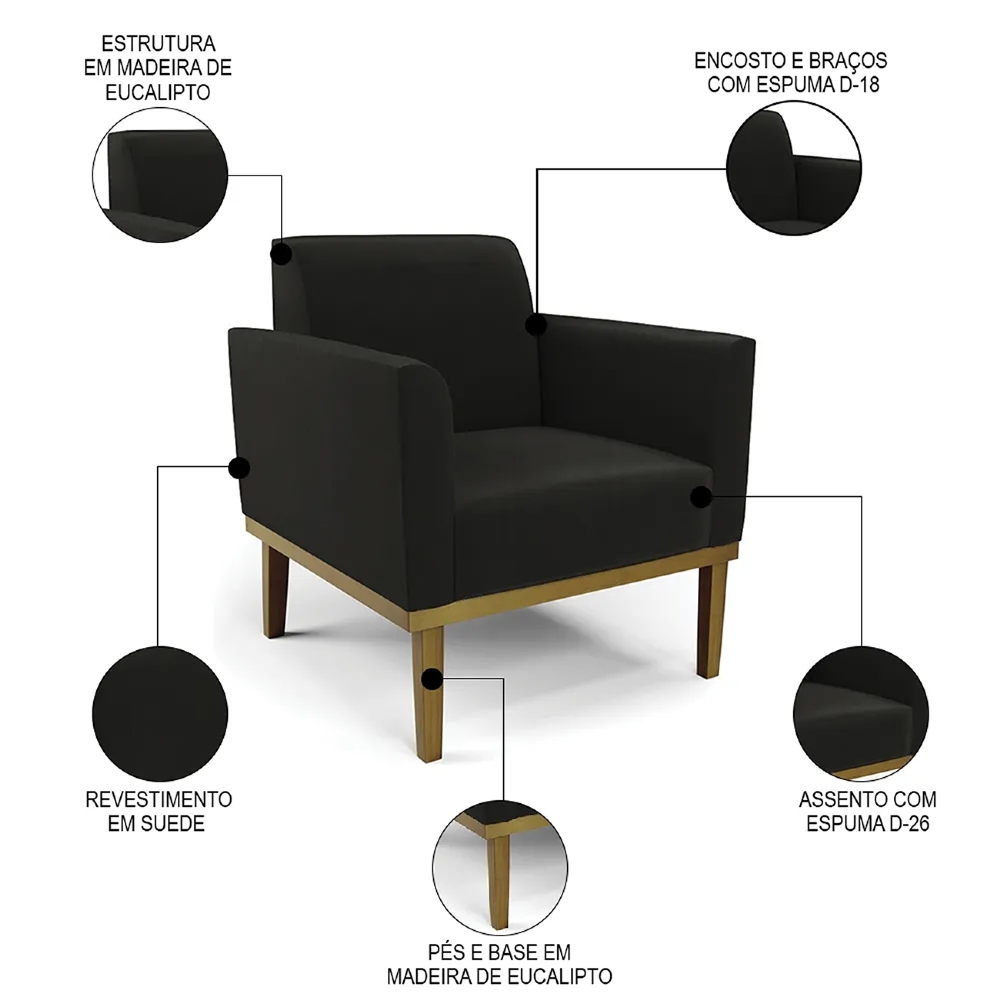 Poltrona Base Madeira Castanho Kit 2 Maressa Suede Preto - Ibiza
