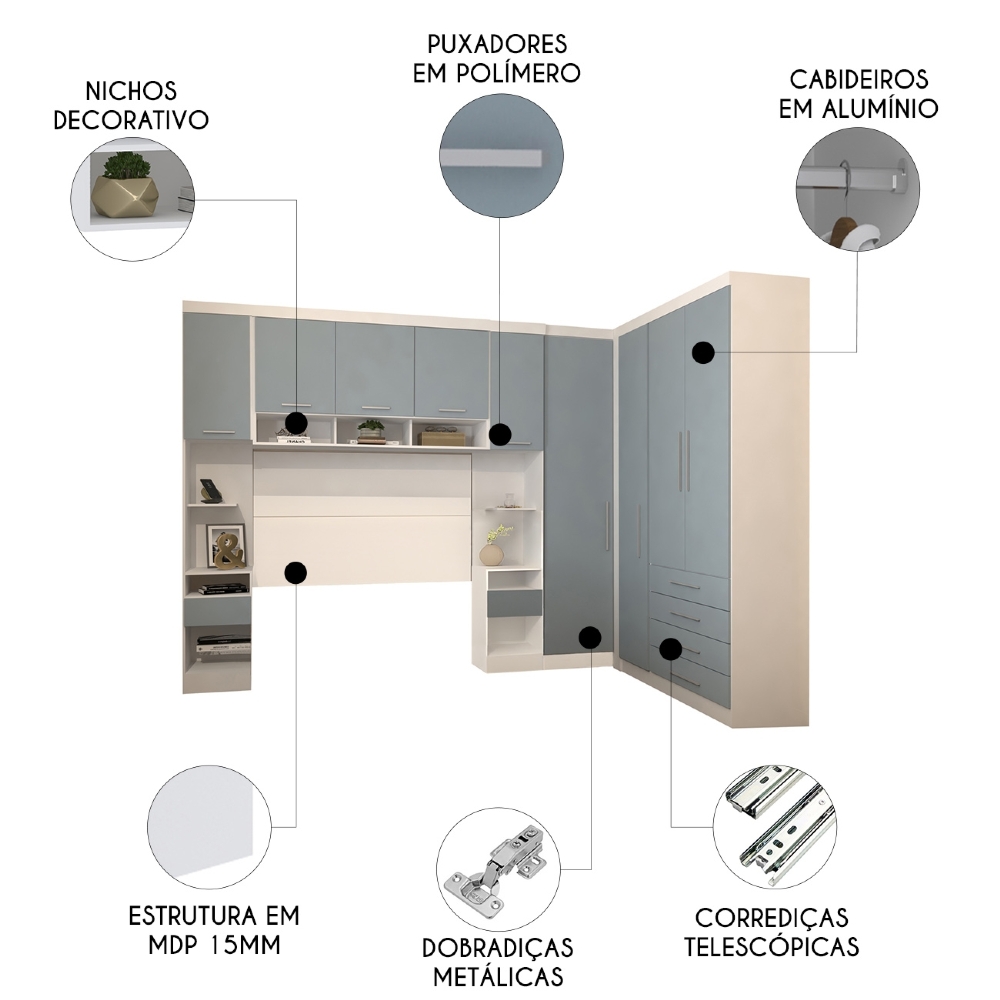 Guarda Roupa Queen Modulado CP09 Taiga Branco/Grey L01 - Mpozenato