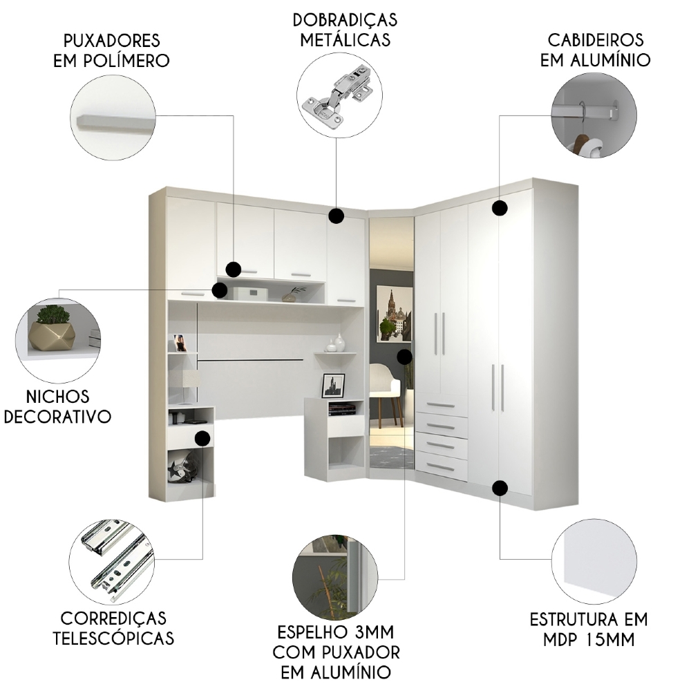 Guarda Roupa Solteiro Modulado CP01 Taiga Branco L01 - Mpozenato