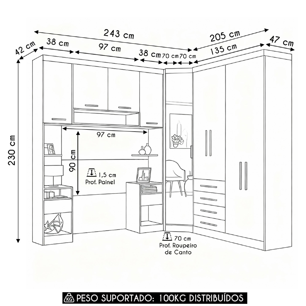 Guarda Roupa Solteiro Modulado CP01 Taiga Branco/Grey L01 - Mpozenato