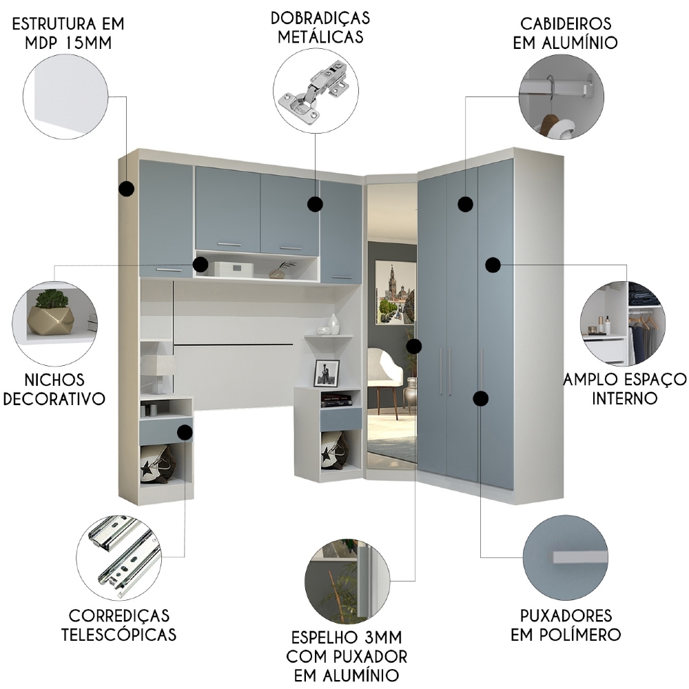 Guarda Roupa Solteiro Modulado CP03 Taiga Branco/Grey L01 - Mpozenato