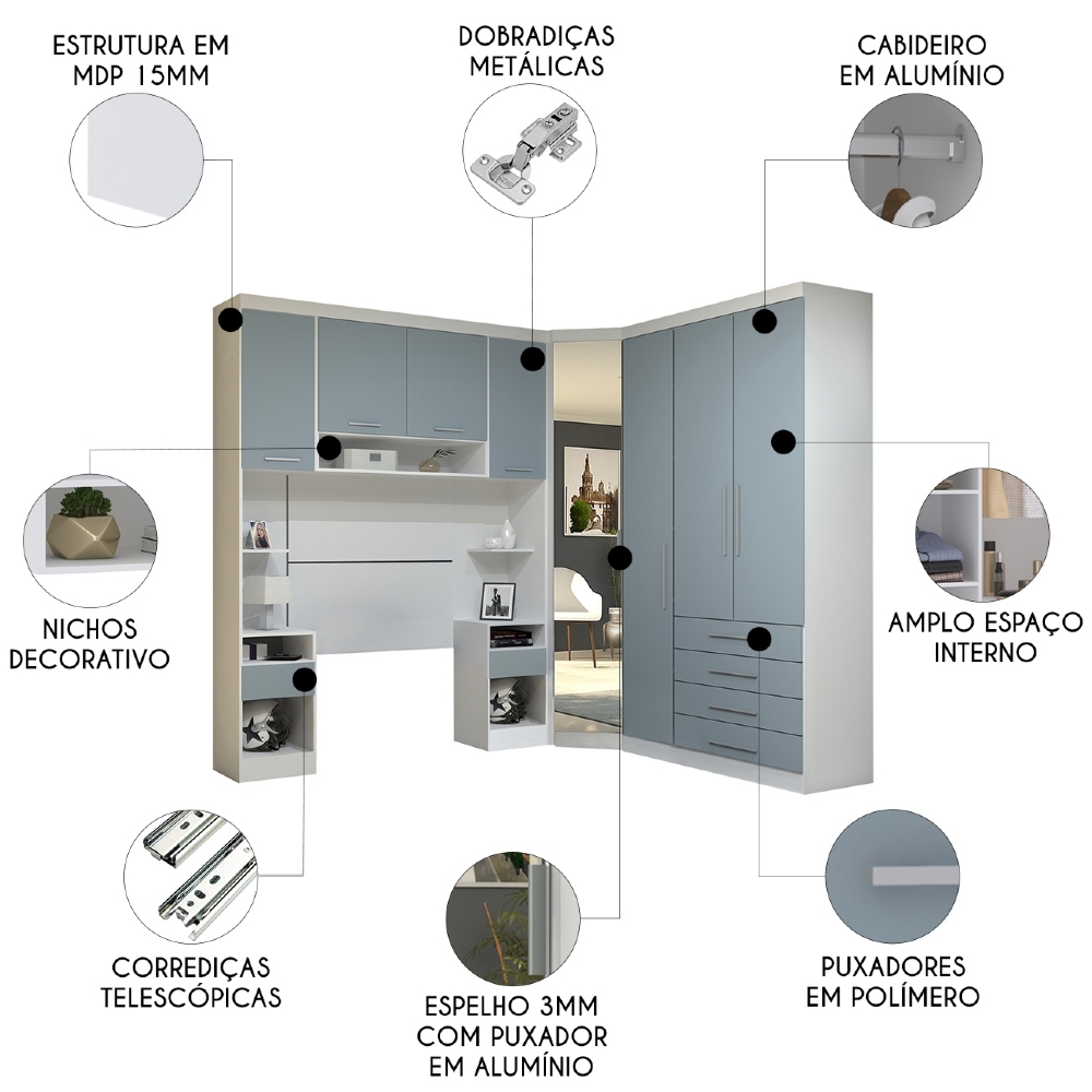 Guarda Roupa Solteiro Modulado CP04 Taiga Branco/Grey L01 - Mpozenato