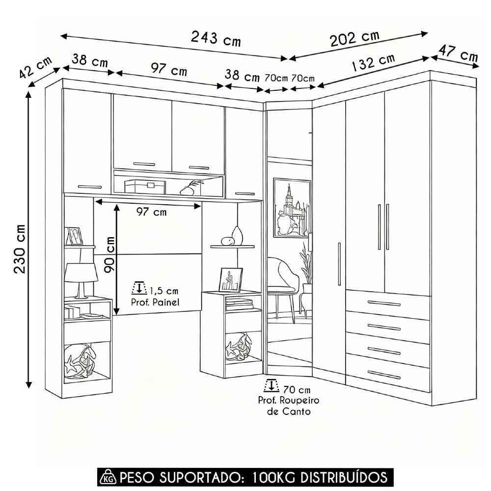 Guarda Roupa Solteiro Modulado CP04 Taiga Branco/Grey L01 - Mpozenato