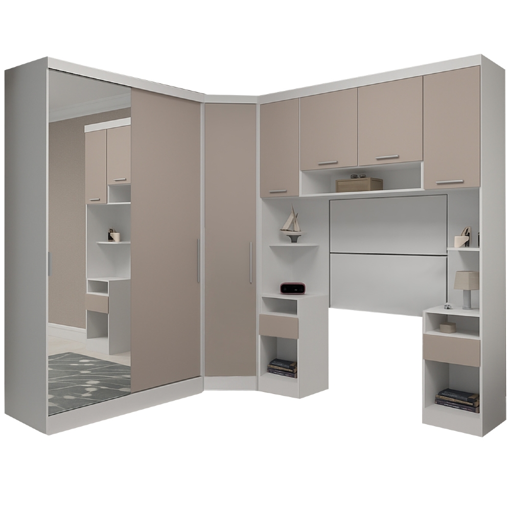 Guarda Roupa Solteiro Modulado Espelho CP06 Taiga Branco/Cinnamon L01 - Mpozenato