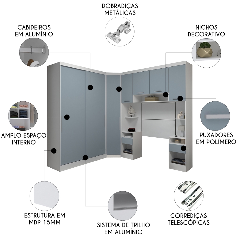 Guarda Roupa Solteiro Modulado CP08 Taiga Branco/Grey L01 - Mpozenato