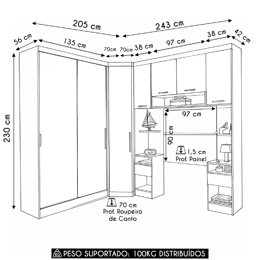 Guarda Roupa Solteiro Modulado CP08 Taiga Branco/Grey L01 - Mpozenato