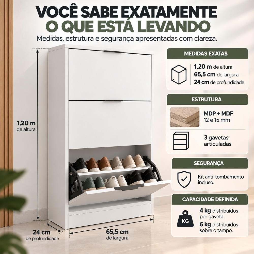 Sapateira Vertical Armário 3 Portas 66cm Dara Branco R03 - Mpozenato