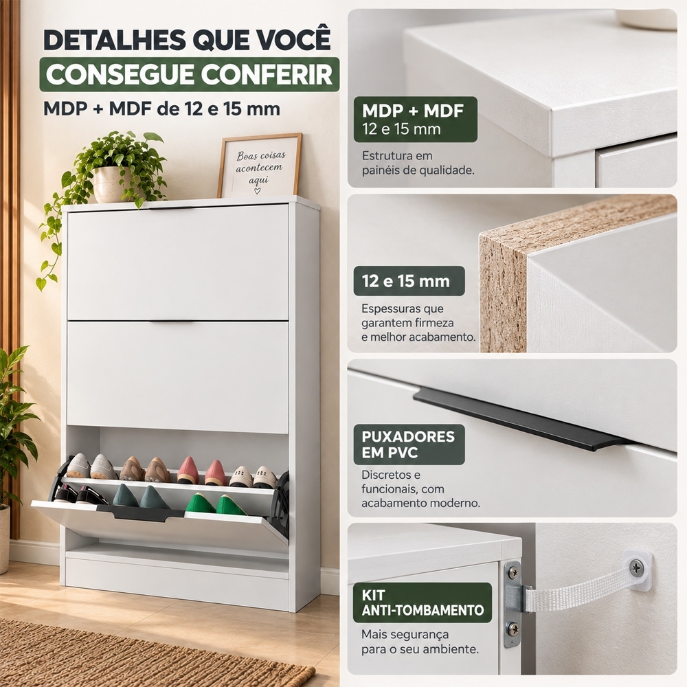 Sapateira Vertical Armário 3 Portas 66cm Dara Branco R03 - Mpozenato