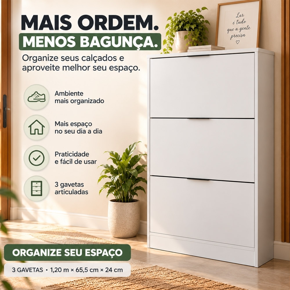 Sapateira Vertical Armário 3 Portas 66cm Dara Branco R03 - Mpozenato
