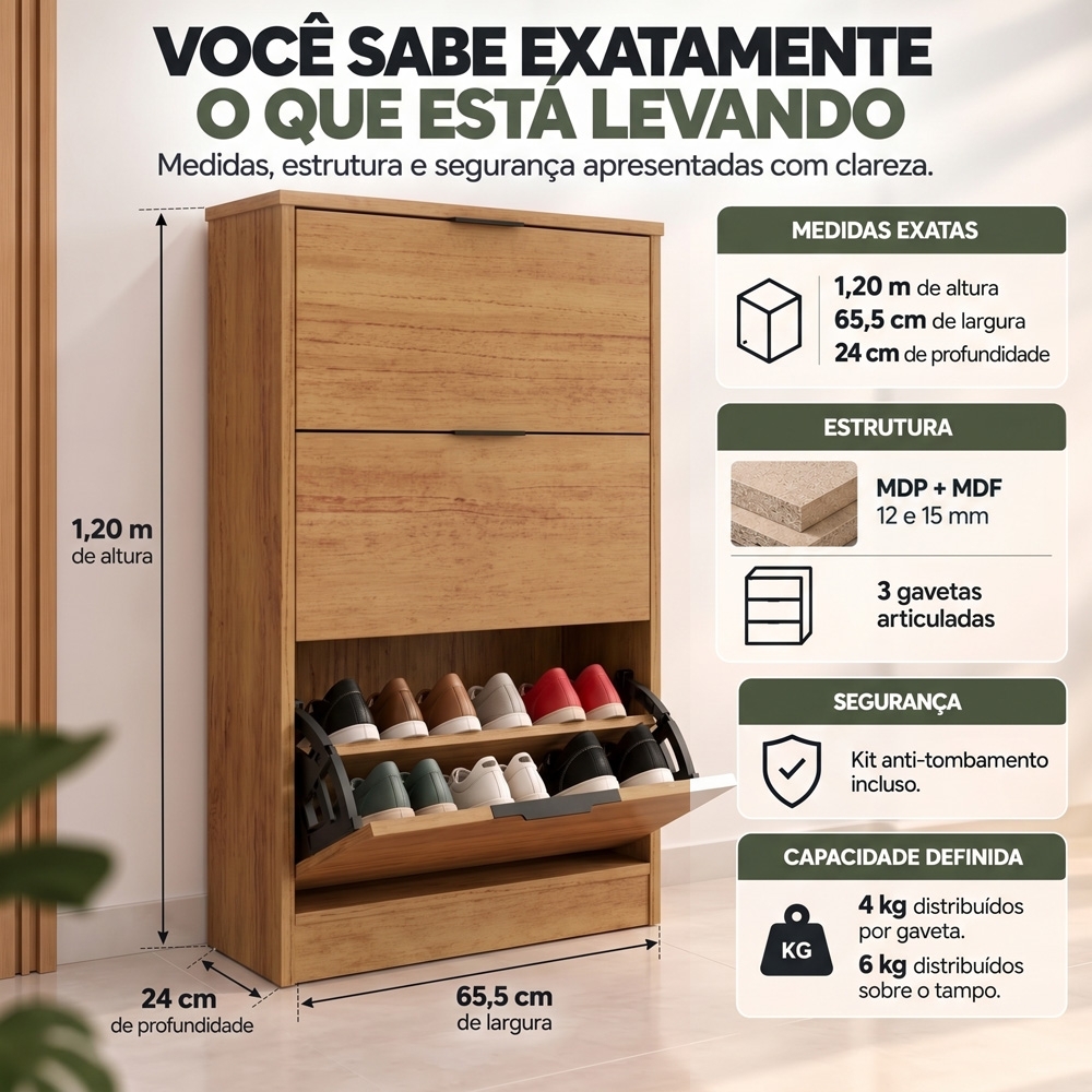 Sapateira Vertical Armário 3 Portas 66cm Dara Cedro R03 - Mpozenato