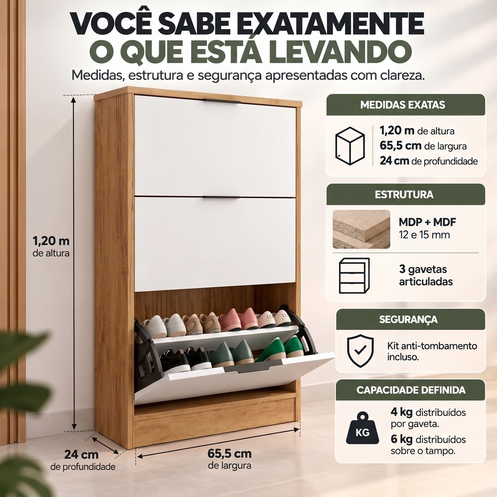 Sapateira Vertical Armário 3 Portas 66cm Dara Cedro/Areia R03 - Mpozenato