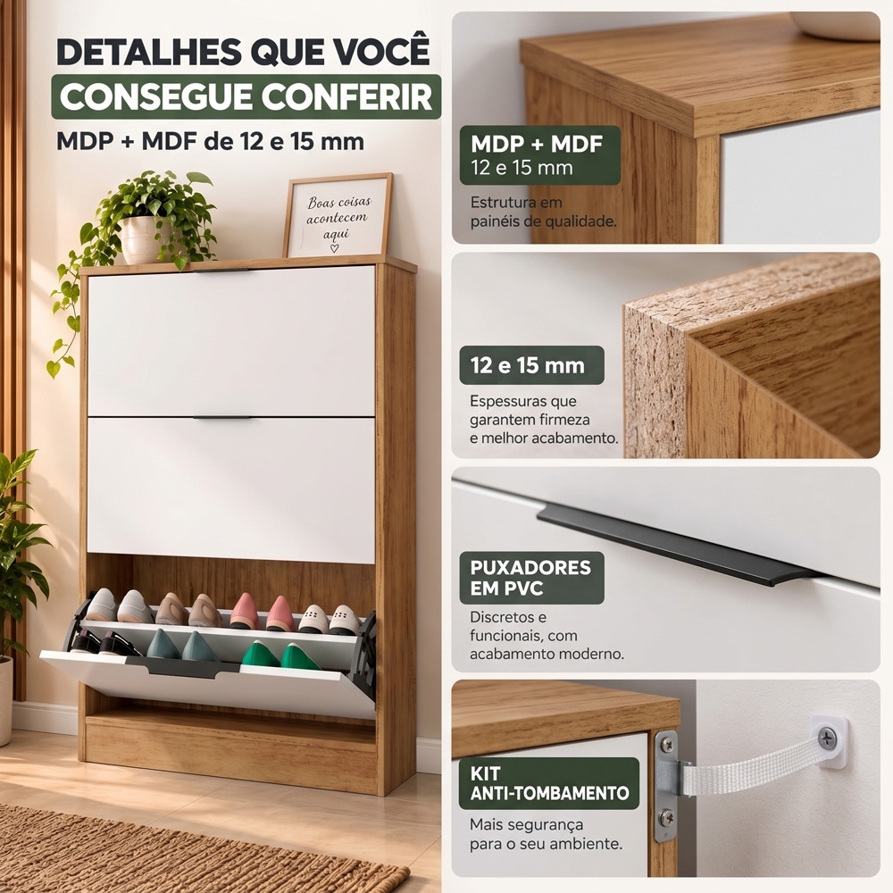 Sapateira Vertical Armário 3 Portas 66cm Dara Cedro/Areia R03 - Mpozenato