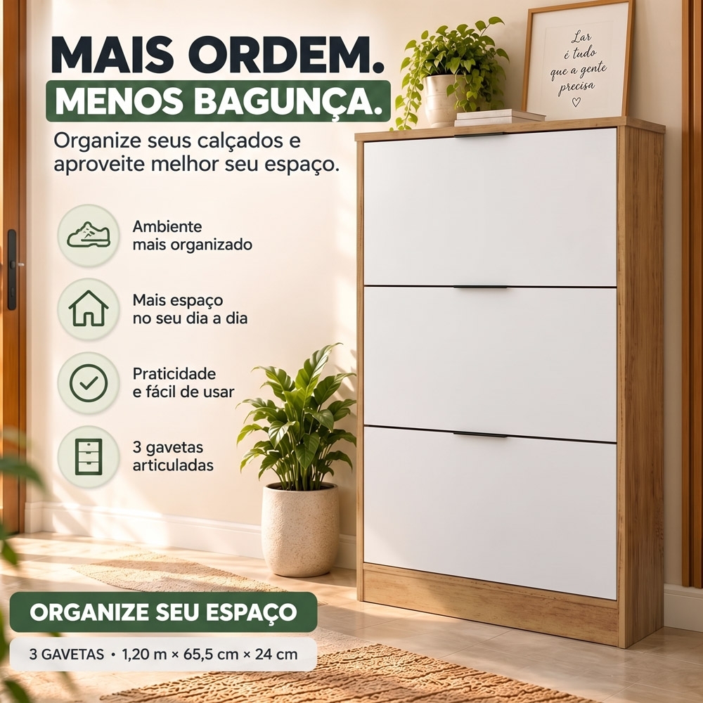 Sapateira Vertical Armário 3 Portas 66cm Dara Cedro/Areia R03 - Mpozenato