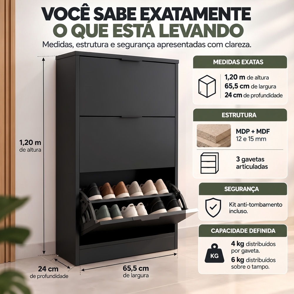 Sapateira Vertical Armário 3 Portas 66cm Dara Preto R03 - Mpozenato