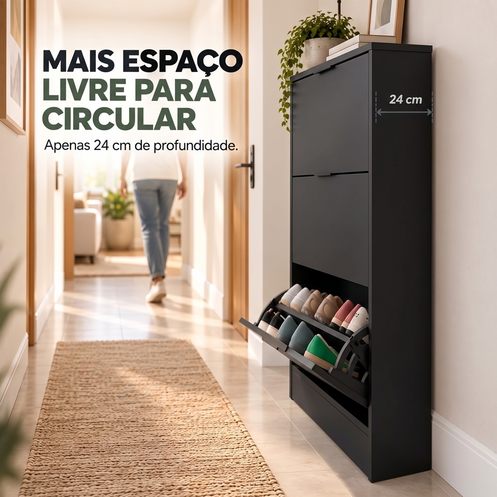 Sapateira Vertical Armário 3 Portas 66cm Dara Preto R03 - Mpozenato