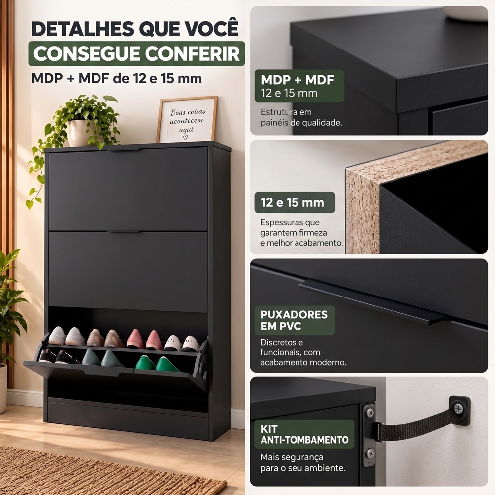 Sapateira Vertical Armário 3 Portas 66cm Dara Preto R03 - Mpozenato