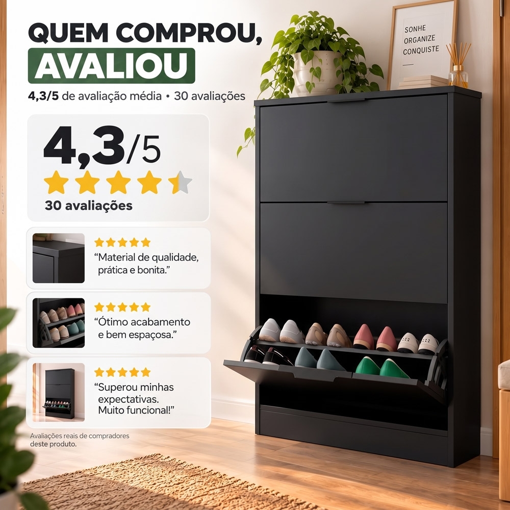 Sapateira Vertical Armário 3 Portas 66cm Dara Preto R03 - Mpozenato
