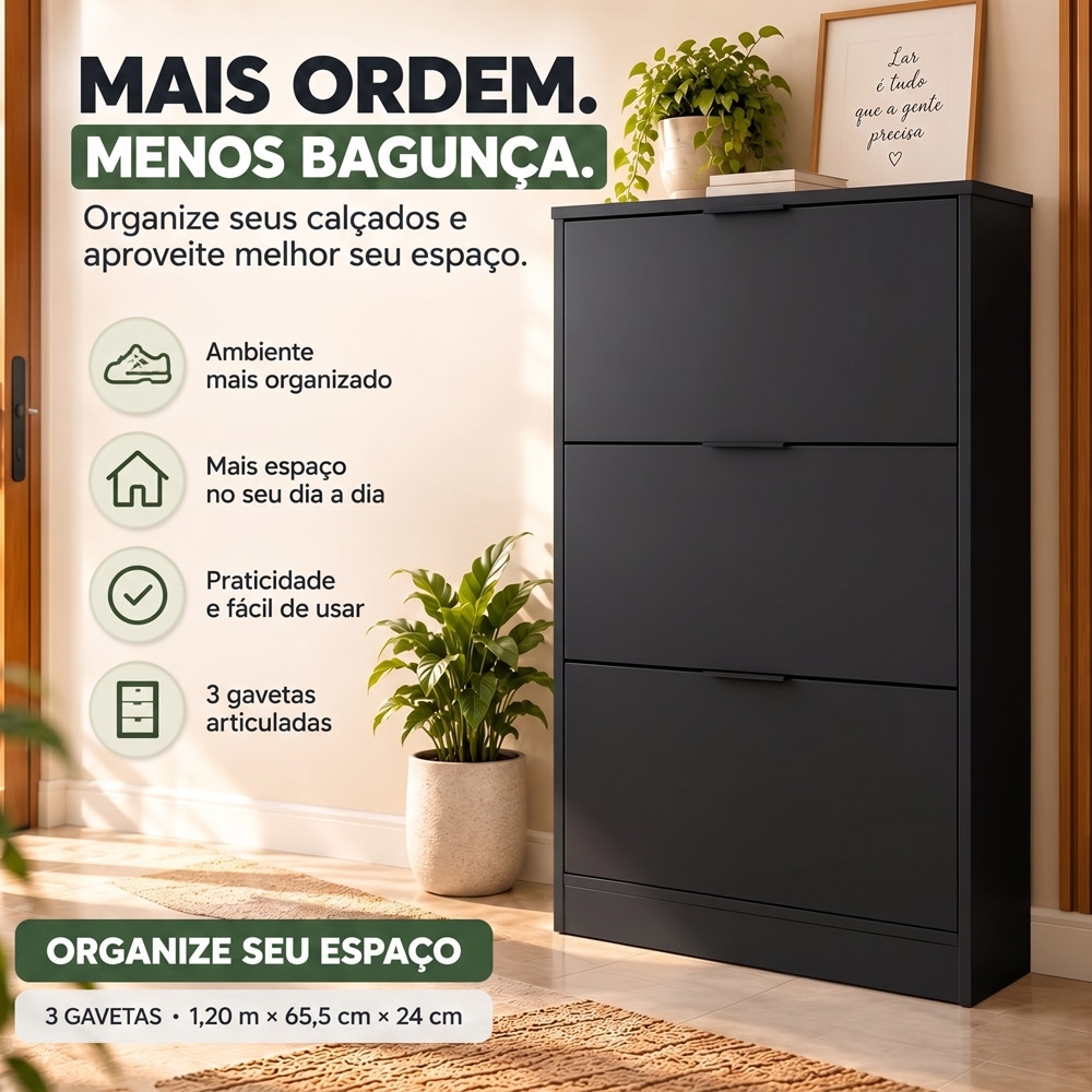 Sapateira Vertical Armário 3 Portas 66cm Dara Preto R03 - Mpozenato