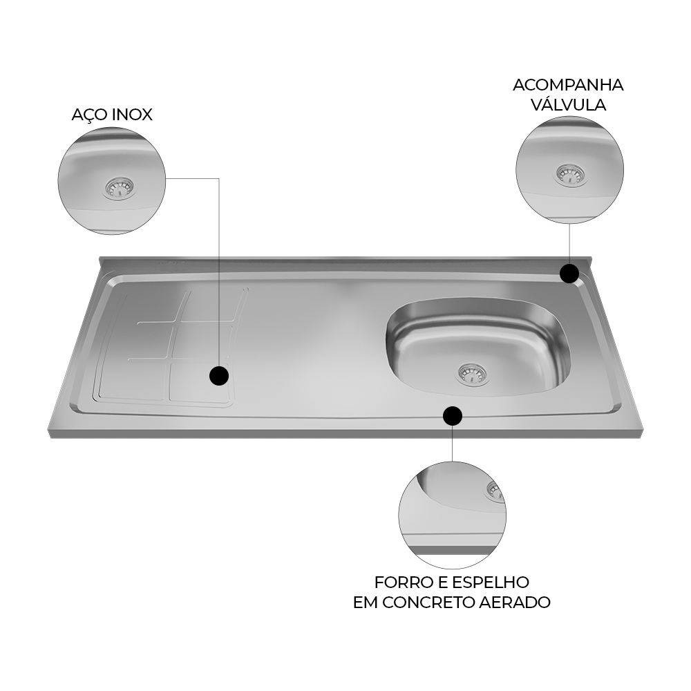 Pia de Cozinha com Cuba Deslocada Direita Ávila 120cm Aço Inox G01 - Mpozenato
