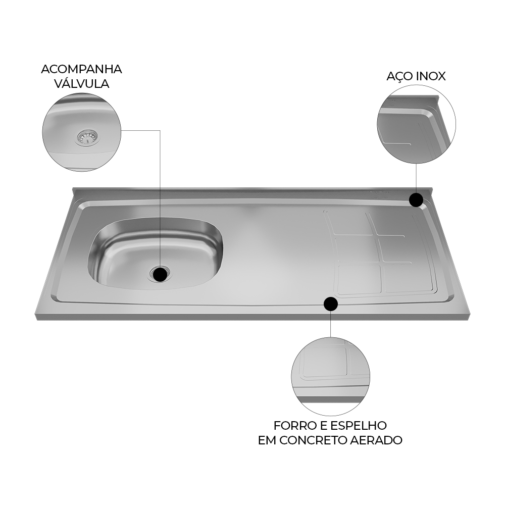 Pia de Cozinha com Cuba Deslocada Esquerda Ávila 120cm Aço Inox G01 - Mpozenato