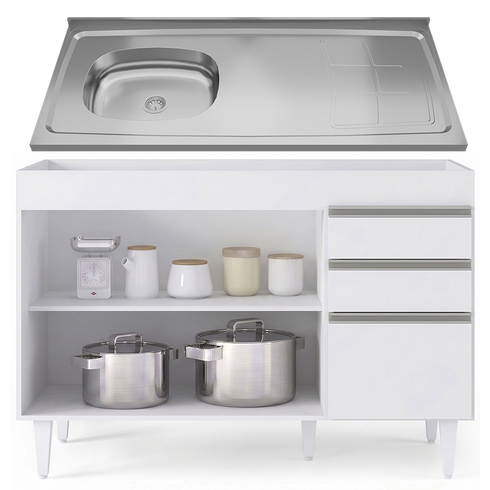 Balcão de Cozinha Com Pia Inox Deslocada 120cm Ávila Branco L03 - Mpozenato